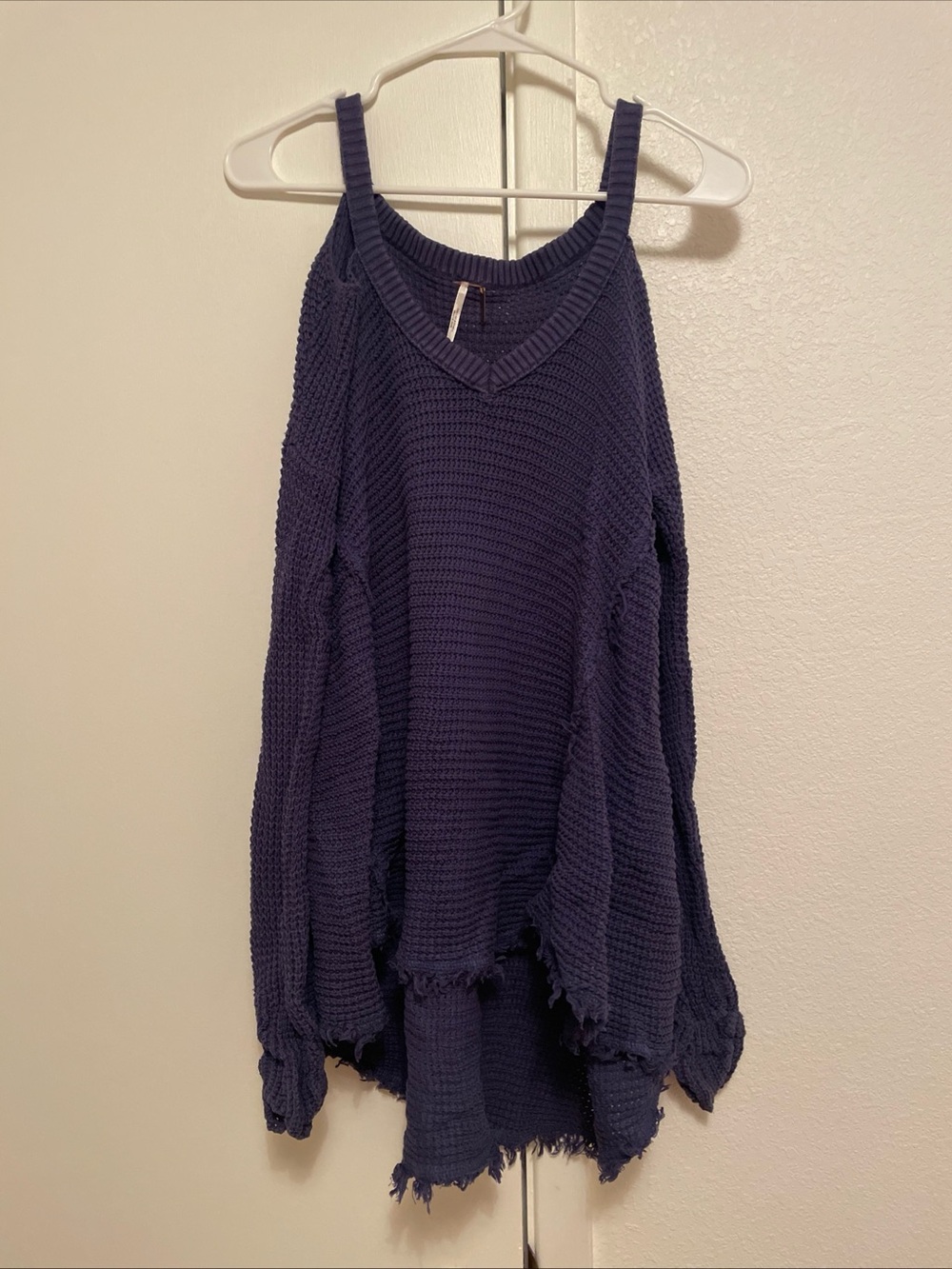Free People Navy Off-Shoulder Distressed Knit Sweater
